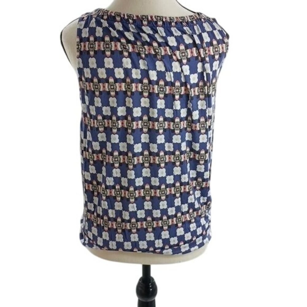 Loft Womens Size S Sleeveless Blouse Blue White Geometric Print Tank Top - Picture 6 of 8